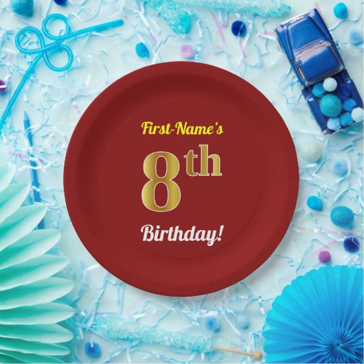 Rood, Faux Gold 8th Birthday + Eigen naam Papieren Bordje (Feest)