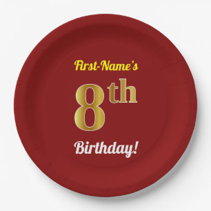 Rood, Faux Gold 8th Birthday + Eigen naam Papieren Bordje