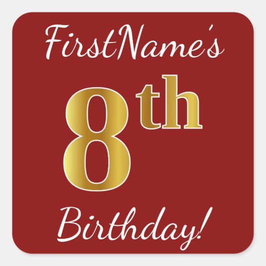 Rood, Faux Gold 8th Birthday + Eigen naam Sticker (Voorkant)