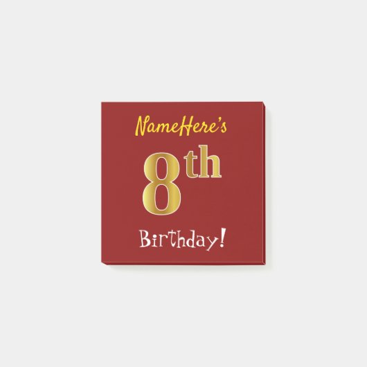 Rood, Faux Gold 8th Birthday, met aangepaste naam Post-it® Notes (Voorkant)