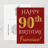 Rood, Faux Gold 90ste verjaardag + aangepaste naam Briefkaart (Voorkant / Achterkant)
