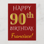 Rood, Faux Gold 90ste verjaardag + aangepaste naam Briefkaart (Voorkant)