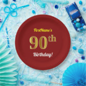 Rood, Faux Gold 90ste verjaardag + aangepaste naam Papieren Bordje (Feest)
