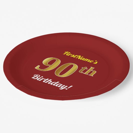 Rood, Faux Gold 90ste verjaardag + aangepaste naam Papieren Bordje (Gekanteld)