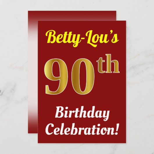 Rood, Faux Gold 90ste verjaardag viering + naam Kaart (Voorkant / Achterkant)