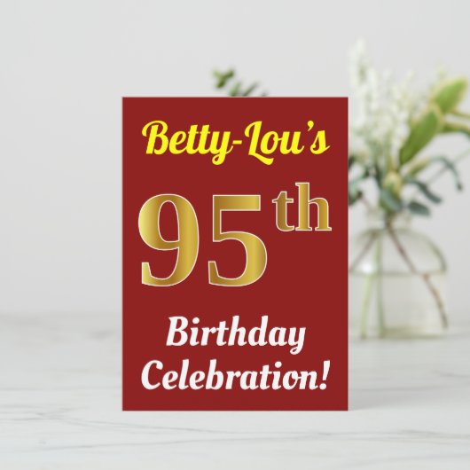 Rood, Faux Gold 95ste verjaardag viering + naam Kaart (Staand voorkant)