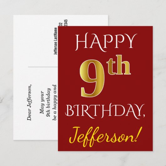 Rood, Faux Gold 9th Birthday + Eigen naam Briefkaa Briefkaart (Voorkant / Achterkant)