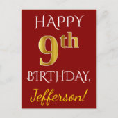 Rood, Faux Gold 9th Birthday + Eigen naam Briefkaa Briefkaart (Voorkant)