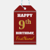 Rood, Faux Gold 9th Birthday + Eigen naam Cadeaulabel (Voorkant)