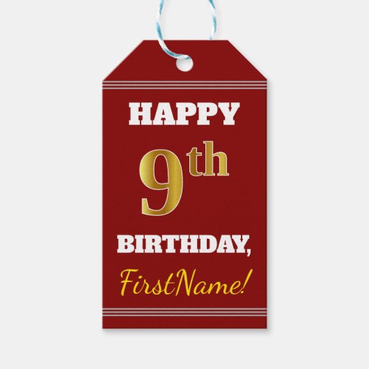 Rood, Faux Gold 9th Birthday + Eigen naam Cadeaulabel (Voorkant)