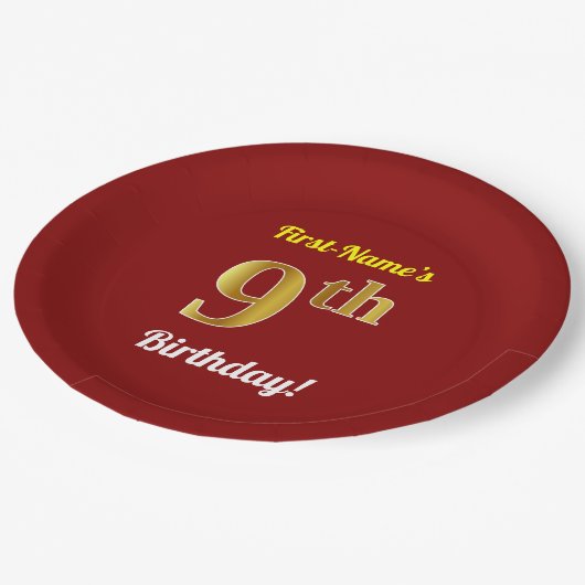 Rood, Faux Gold 9th Birthday + Eigen naam Papieren Bordje (Gekanteld)