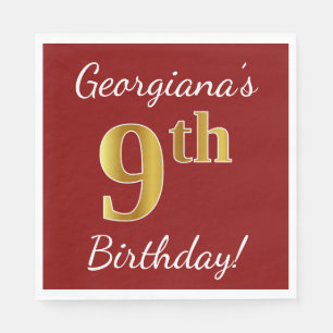 Rood, Faux Gold 9th Birthday + Eigen naam Servetten