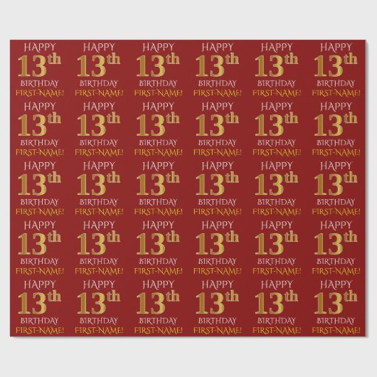 Rood, Faux Gold "HAPPY 13th BIRTHDAY" Cadeaupapier (Vlak)