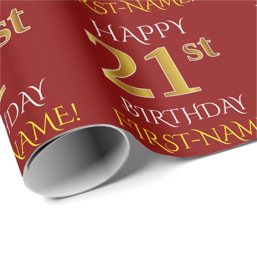Rood, Faux Gold "HAPPY 21st BIRTHDAY" Cadeaupapier (Rol Hoek)