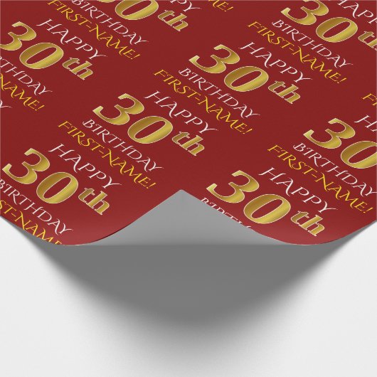 Rood, Faux Gold "HAPPY 30th BIRTHDAY" Cadeaupapier (Hoek)
