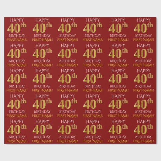 Rood, Faux Gold "HAPPY 40th BIRTHDAY" Cadeaupapier (Vlak)