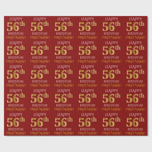 Rood, Faux Gold "HAPPY 56th BIRTHDAY" Cadeaupapier (Vlak)