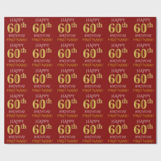Rood, Faux Gold "HAPPY 60th BIRTHDAY" Cadeaupapier (Vlak)