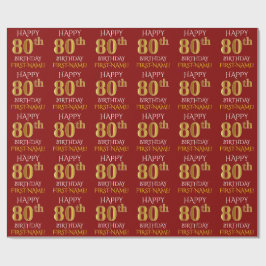 Rood, Faux Gold "HAPPY 80th BIRTHDAY" Cadeaupapier