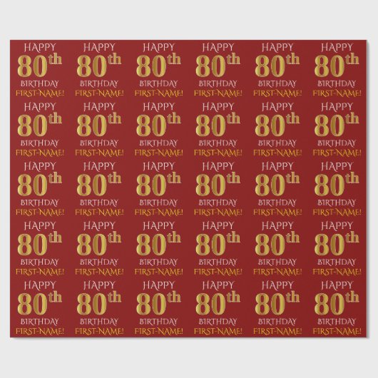 Rood, Faux Gold "HAPPY 80th BIRTHDAY" Cadeaupapier (Vlak)