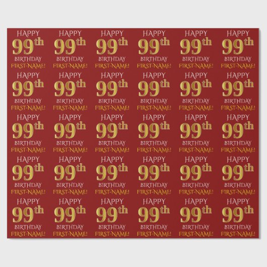 Rood, Faux Gold "HAPPY 99th BIRTHDAY" Cadeaupapier (Vlak)