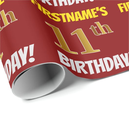 Rood, Faux/Imitatie Goud, "11e VERJAARDAG" Cadeaupapier (Rol Hoek)