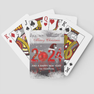 Rood Feestelijk Vrolijk Kerstfeest Nieuwjaar 2024 Pokerkaarten