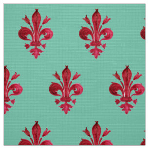 ROOD FLEUR DE LIS IN GROEN bloemmotief Stof