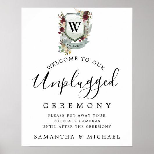 Rood Floral Crest Unplugged Wedding Ceremony Sign Poster (Voorkant)