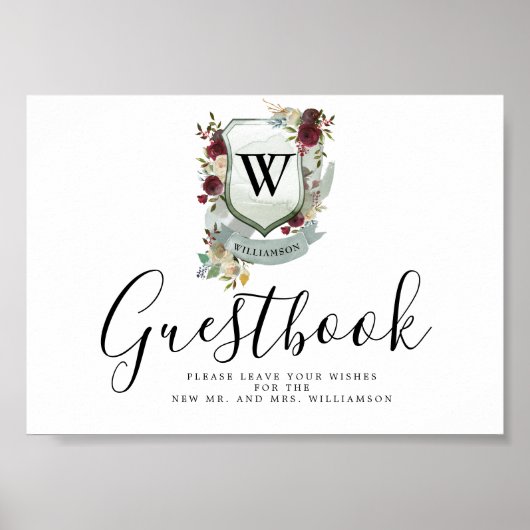 Rood Floral Crest Wedding Guestbook Poster (Voorkant)