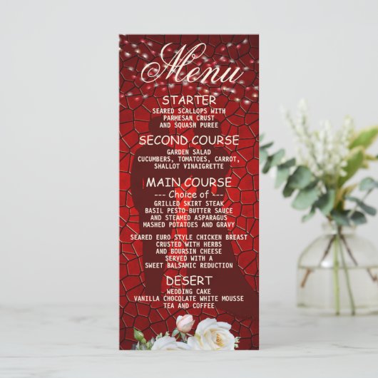 Rood-Floral modern Elegant diner van bruiloft Menu (Staand voorkant)