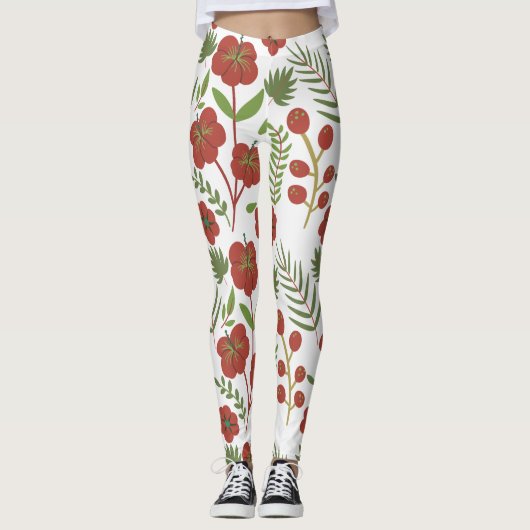 Rood floreel naadloos patroon op witte achtergrond leggings (Voorkant)