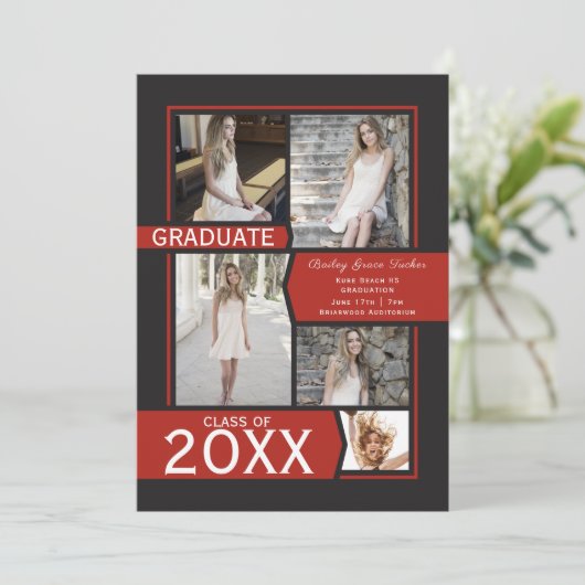 Rood fotocollage klasse van Afstuderen Aankondiging (Staand voorkant)