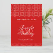 Rood gebandeerde bruiloft diner menu (Staand voorkant)