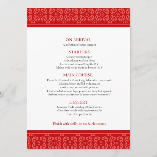 Rood gebandeerde bruiloft diner menu (Achterkant)