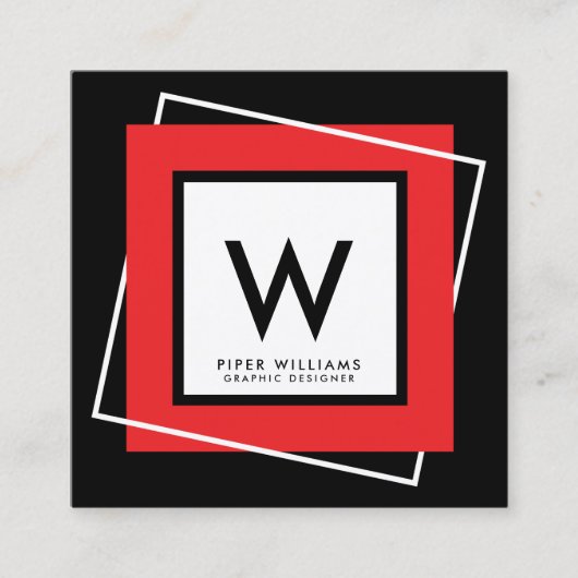 Rood gebold Geometric Square Lijst Monogram Square Vierkante Visitekaartje (Voorkant)