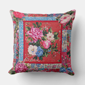 Rood geborduurd-look Chinoiserie Peony Patchwork Kussen