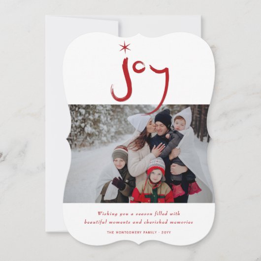 Rood geborsteld Joy Calligraphy Star Feestdagenkaart (Voorkant)