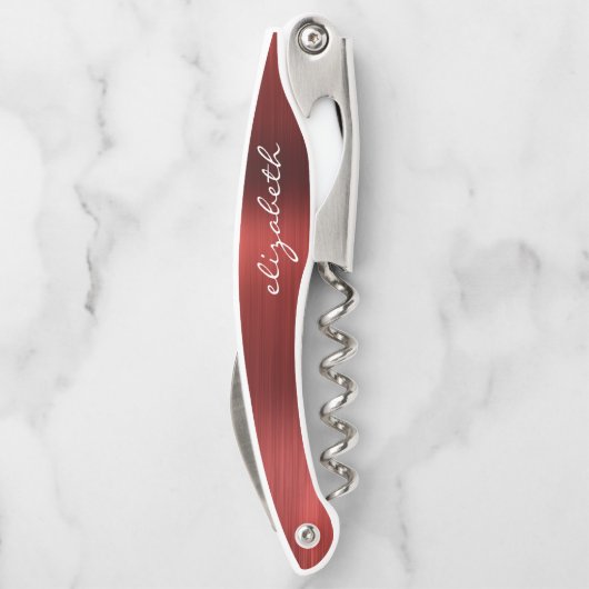 Rood, geborsteld metaal, aangepast script kurkentrekker (Achterkant)