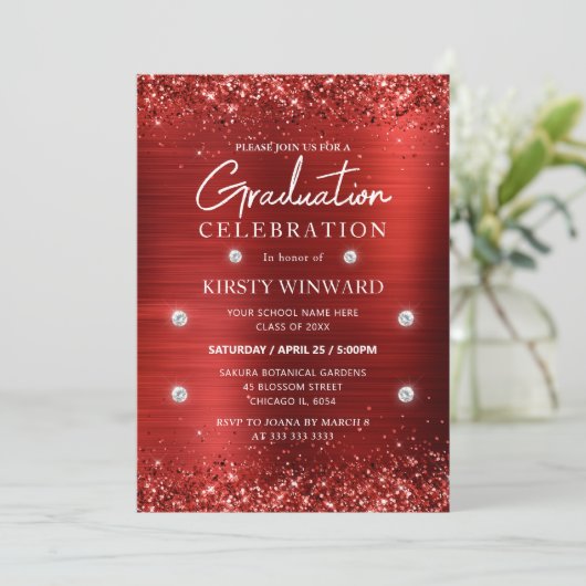 Rood geborsteld metaal en glitter Afstuderen Kaart (Staand voorkant)