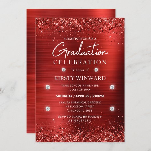 Rood geborsteld metaal en glitter Afstuderen Kaart (Voorkant / Achterkant)