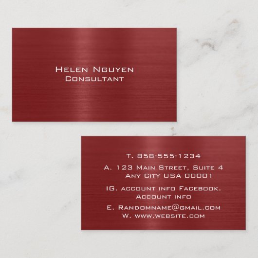 Rood Geborsteld Metaal Metaal Roestvrij Staal Visitekaartje (Voorkant / Achterkant)