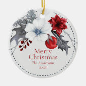 Rood Gebroken Wit Zilver Bladgroen Kerstmis Keramisch Ornament (Voorkant)