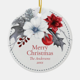 Rood Gebroken Wit Zilver Bladgroen Kerstmis Keramisch Ornament