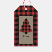 Rood gebuffelstgoed met kersttouwen en bomen cadeaulabel (Achterkant)