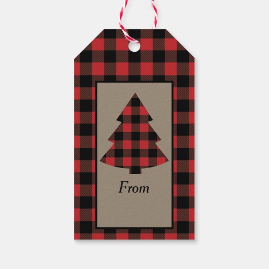 Rood gebuffelstgoed met kersttouwen en bomen cadeaulabel (Achterkant)