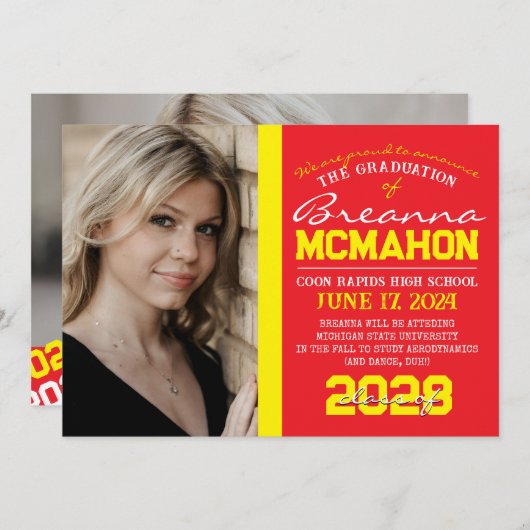 Rood & Geel Afstuderen 2 Fotoaankondiging Kaart (Voorkant / Achterkant)