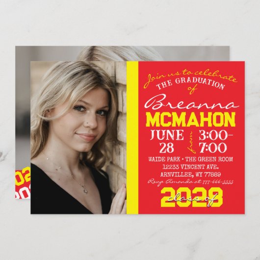 Rood & Geel Afstuderen 2 Fotouitnodiging Kaart (Voorkant / Achterkant)