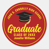 Rood Geel Afstuderen Custom Graduation Party Ronde Sticker (Voorkant)