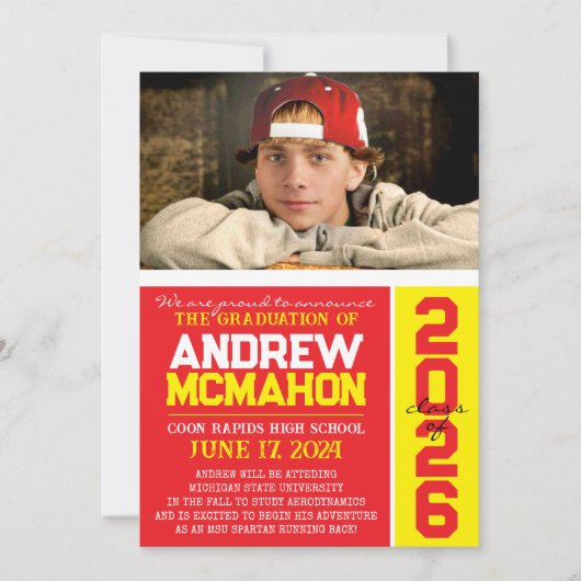Rood & Geel Afstuderen Fotoaankondiging Kaart (Voorkant)